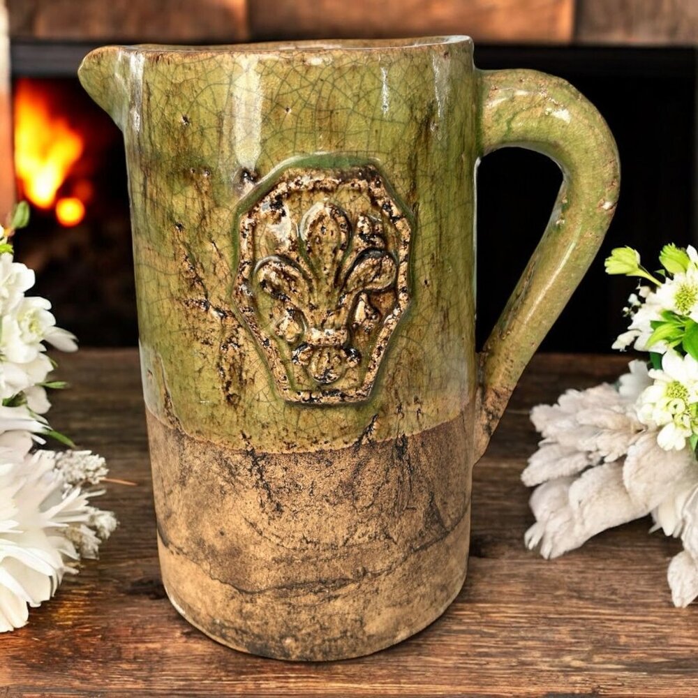 Vintage Glazed Ceramic Fleur De Lis Pitcher French Inspired Home Garden